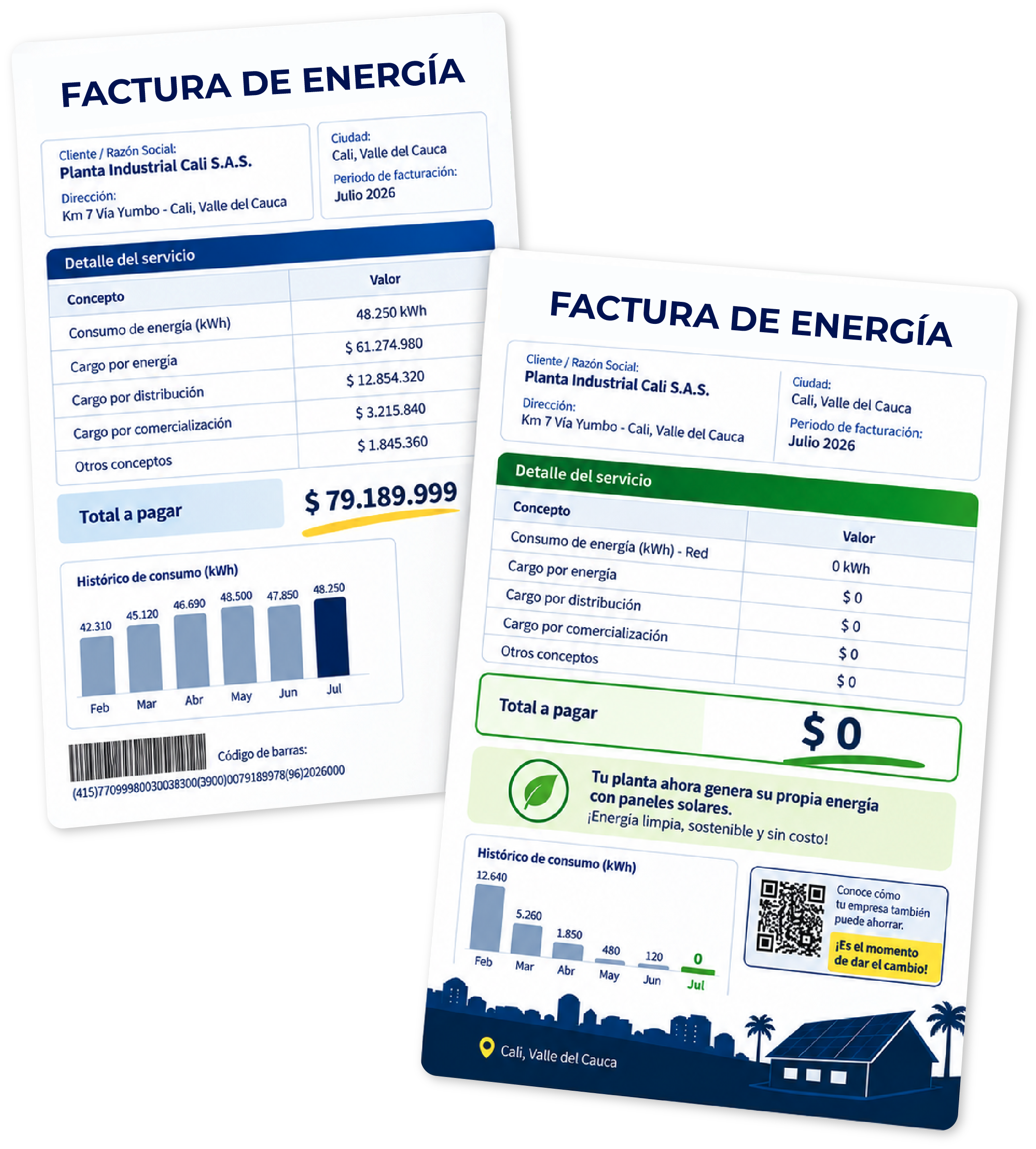 Factura de energía antes y después de implementar energía solar